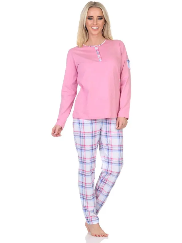 Normann damespyjama met geruite jersey pyjamabroek - ook in grote maten rosa