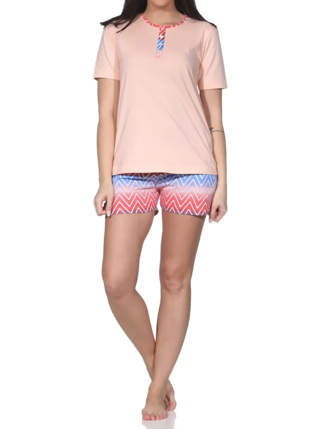 Normann dames Shorty-pyjama met korte mouwen – modern zigzagdesign – ook in grote maten apricot