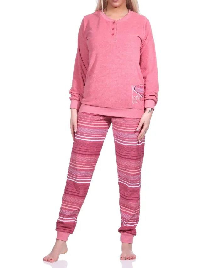 Normann Dames badstof pyjama lange mouw met manchetten - broek gestreept - ook in overmaten altrose
