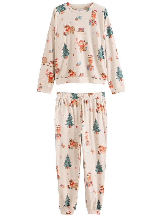 Next Dames - Matching Family kerstpyjama met lange mouwen - Tall - Crème Oatmeal Hamish The Highland Cow