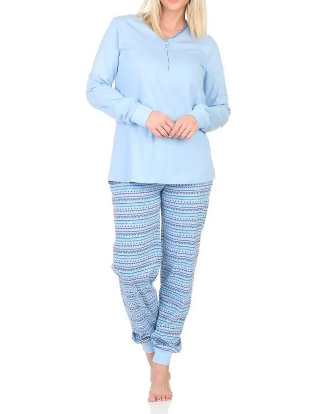 Normann damespyjama met lange mouwen en manchetten in Ethnolook - Ook in oversizes blau