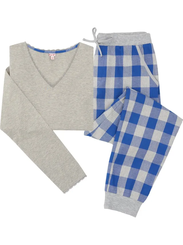 La-V pyjamaset voor dames met flanel joggingbroek en top met kant grijs/blauw