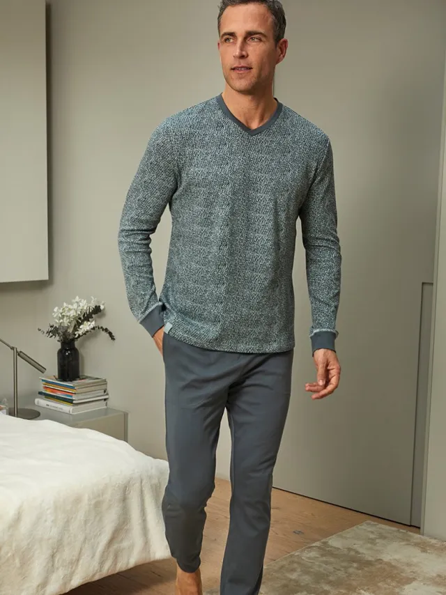 Barandi Herenpyjama Gary – Grijsblauw – Warme Katoen – V-hals – Comfortabele & Moderne Herenpyjama groen