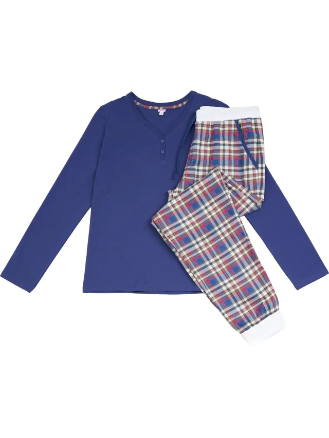 La V La-V pyjamaset voor dames met geruite flanel broek en V hals met knoopjes - Jean blauw Jeans blauw