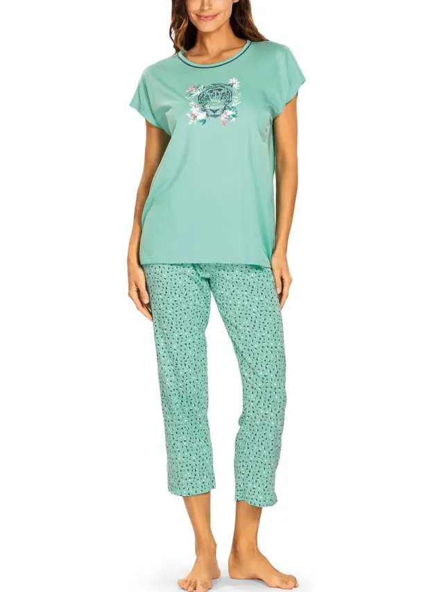 Comtessa Dames Pyjama - 7/8 broek - Katoen - green tiger