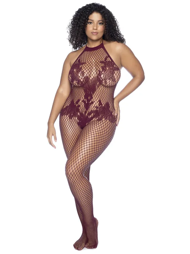 Mapalé Halter en Kralenloze Bloemen Bodystocking - Koninginneformaat - Kers