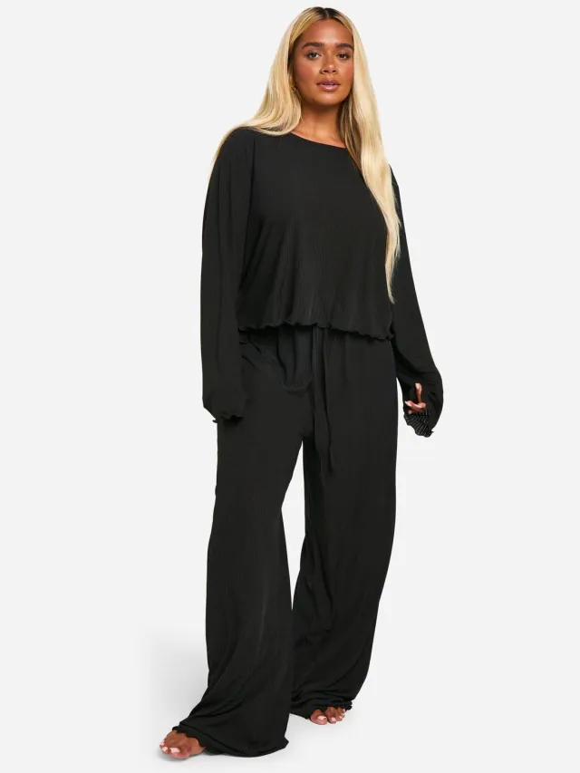 boohoo Dames Plus Getextureerde Lettuce Hem Broek Pyjama Set Zwart