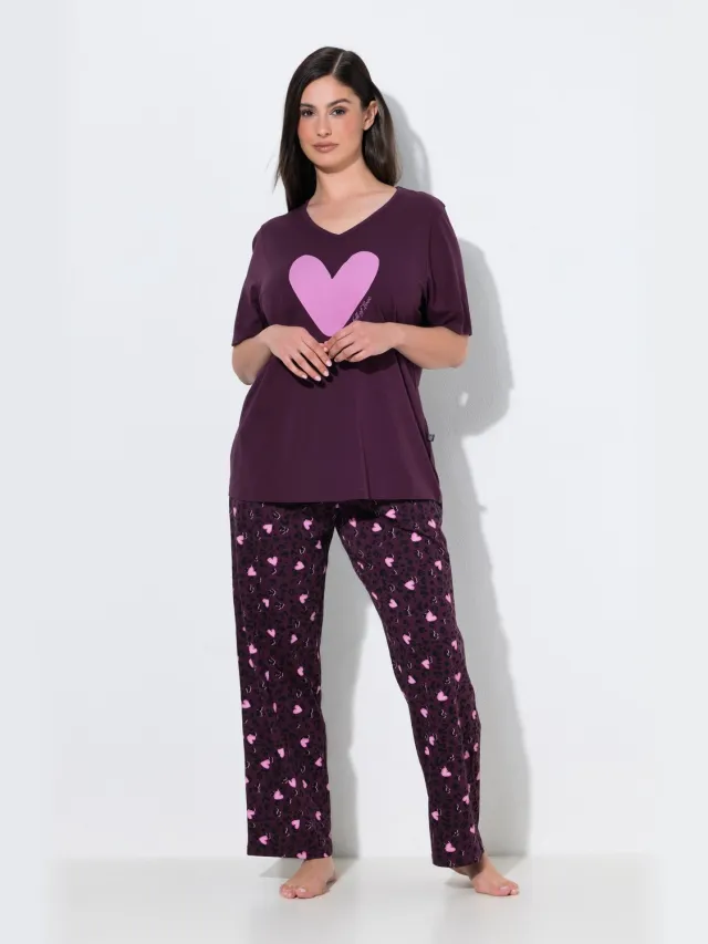 Ulla Popken Dames - Pyjama harten V-hals korte mouwen - Donkerpruim - Maat 50+