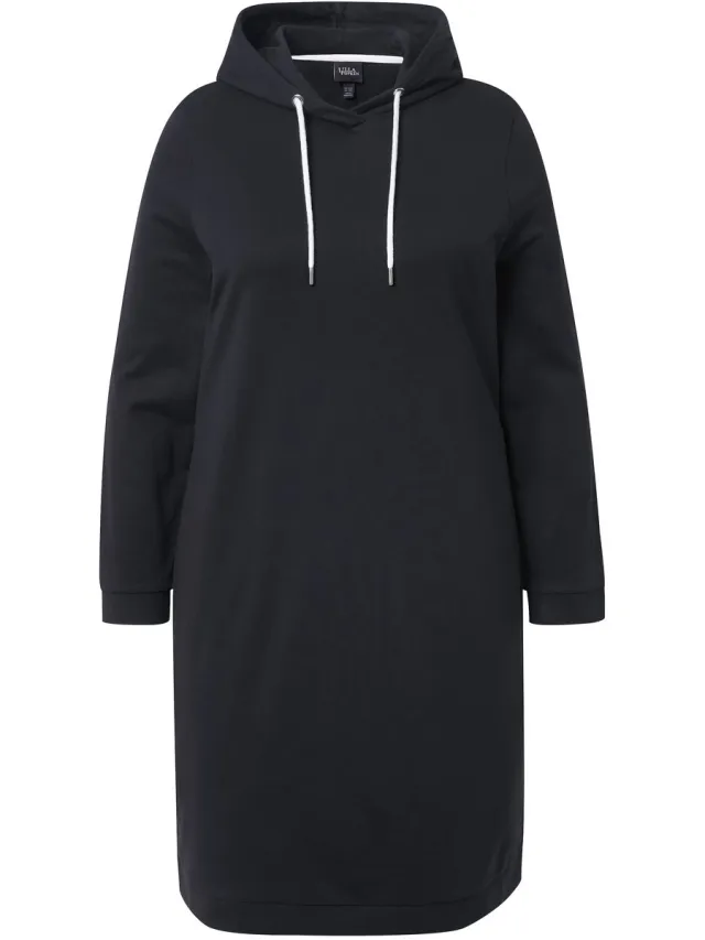 Ulla Popken Dames - Loungewear-jurk capuchon zacht geruwd geribbelde boorden - Zwart - Maat 46+