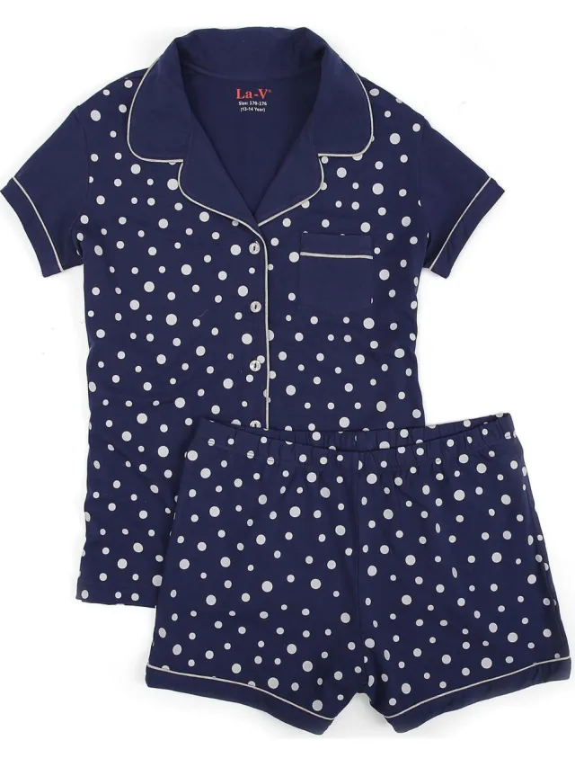 La V shortama met stippenprint Donkerblauw 170-176