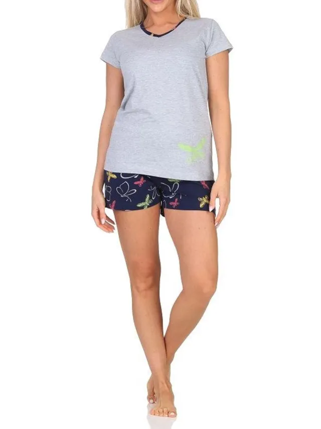 Normann dames shorty pyjama met korte mouwen en vlindermotief - ook in grote maten grau-mel.