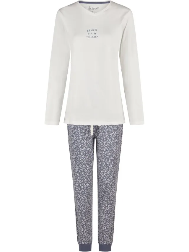 By Louise Dames Pyjama Set Lang V-Hals Off-White/Donkerblauw Gebloemd