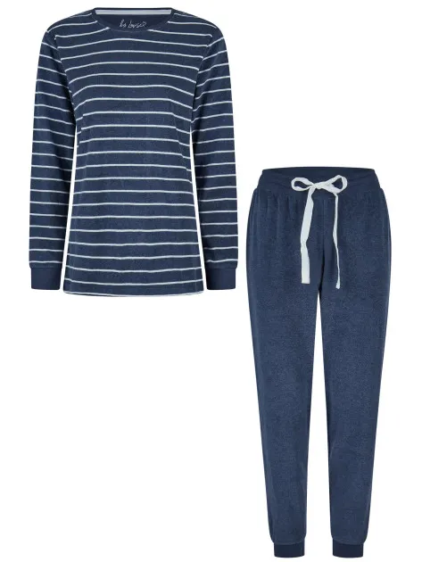 By Louise Dames winter pyjama set lang badstof gestreept blauw, foto 2