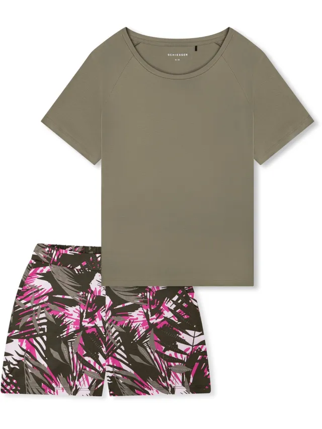 Schiesser dames Modern Nightwear korte pyjama met palmbomen - jade dessin