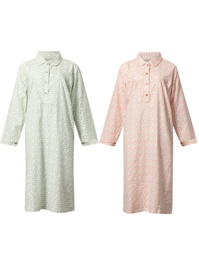 Lunatex 2 klassieke dames nachthemden - warm flanel - green & pink egg Groen en roze