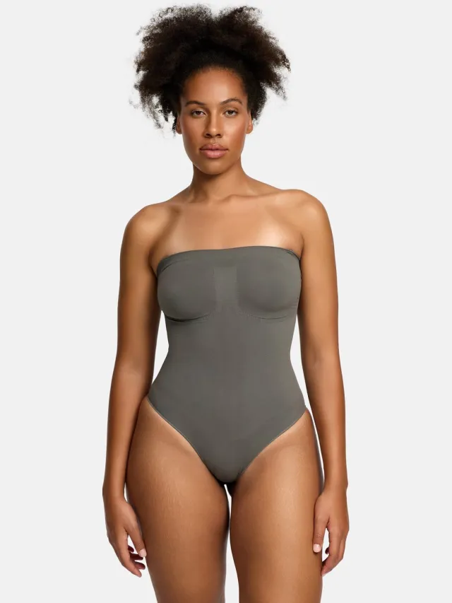 cfab Strapless bodysuit met corrigerende shapewear van grafietkleurige, gestreepte stof. - Corrigerende Body - Naadlos - corrigerend ondergoed dames