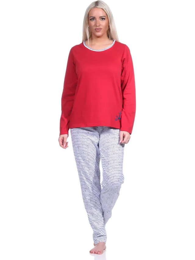 Normann Damespyjama, lange pyjama in gestreepte look - MARITIM - 123 201 10 151 rot