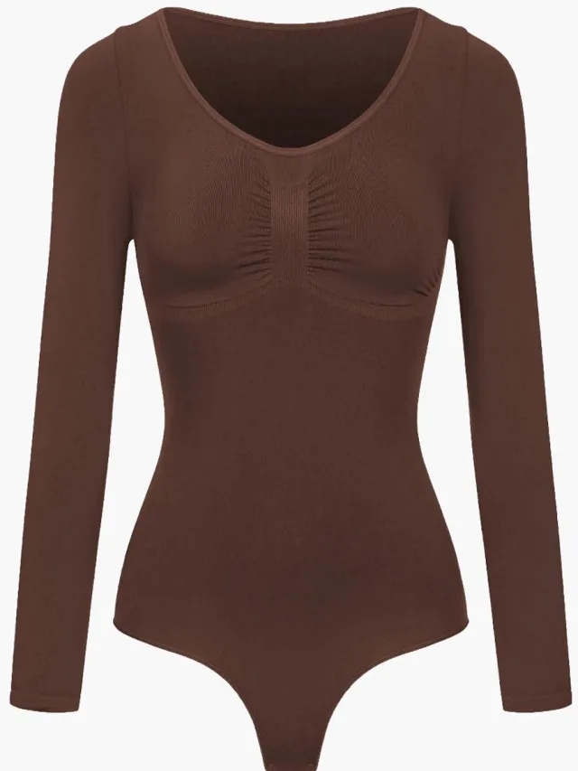 cfab Bodysuit met corrigerende werking, lange mouwen en strik, bruin