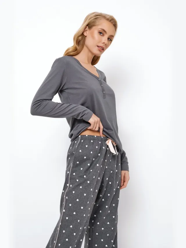 Aruelle Dames Pyjama Jayleen-Lange Mouwen-Hartjesmotief Broek-Katoen & Modal-Zacht & Ademend-Grijs