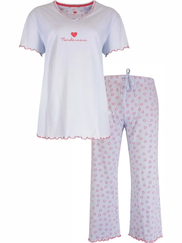 Tenderness Dames Pyjama Set - Hartjes print - Licht Blauw