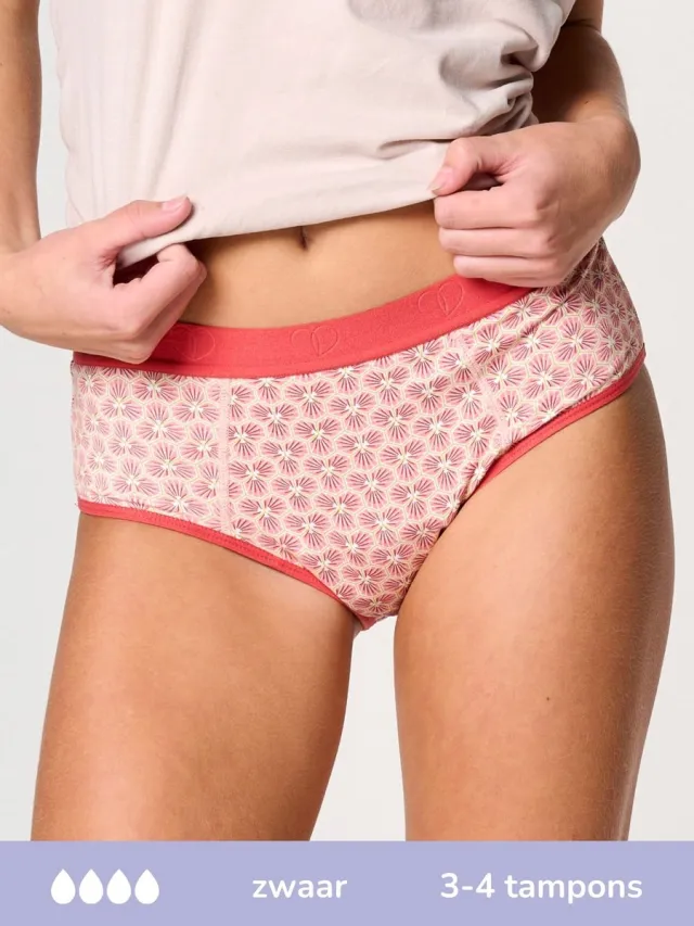 moodies period undies Moodies menstruatie ondergoed tiener - Bamboe Hipster - zwaar kruisje-188 (M) - print roze