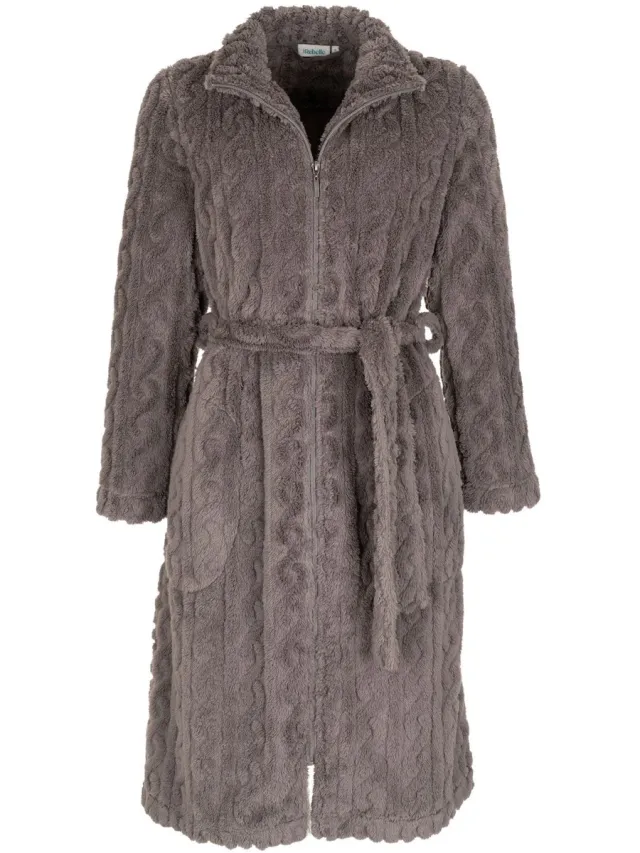 Pastunette Badjas dames met rits - zacht fleece - ritssluiting en ceintuur - dames ochtendjas taupe - maat 4XL (60-62)