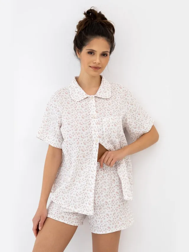 S& Sensis Sensis Katoenen Shortama Pyjama Dames Mousseline Knoopsluiting Bloemenprint Ecru NAYLA 36 /