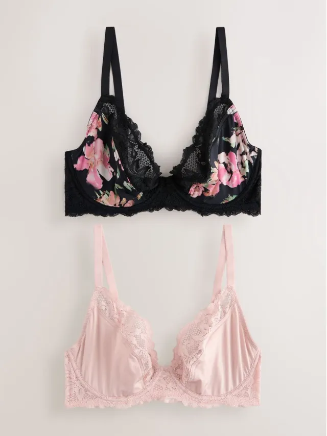 Next Dames - Diepuitgesneden DD+ beha, zonder vulling, set van 2 - Zwart Black Floral/Pink