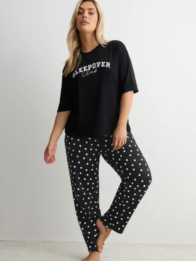 Yours Zwarte Pyjamabroek Met Stippen En Wijde Pijpen-42 Black
