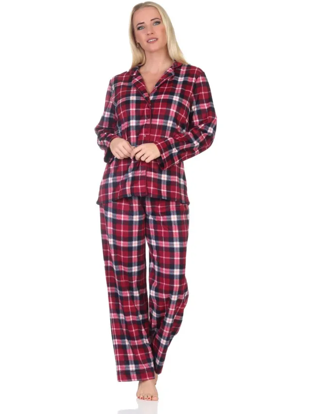 Normann fleece damespyjama in elegante ruitjeslook, doorknoopbaar rot