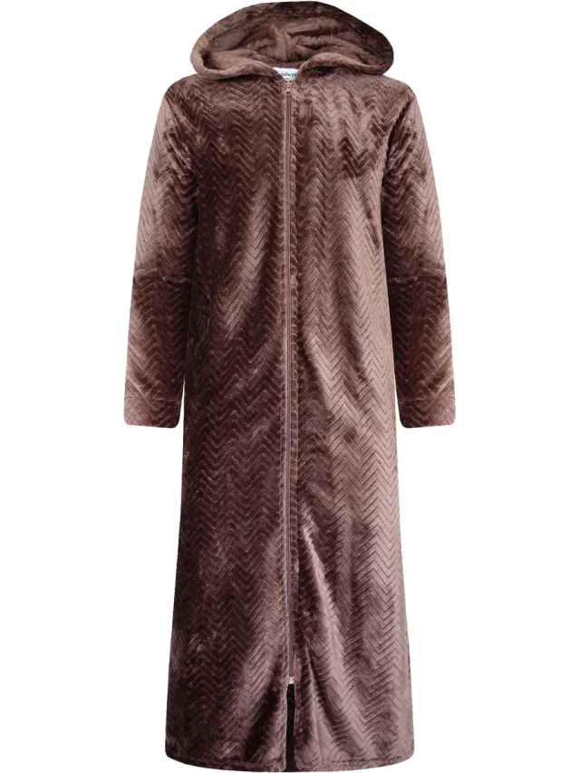 GAUBERT Extra Lange Dames Rits Badjas met Capuchon en Zijzakken - Ochtendjas - Superzacht Coral Fleece - Reli√´f Visgraat Bruin - 8207-Coffee Rits, Visgraat Patroon, Coffee Bruin