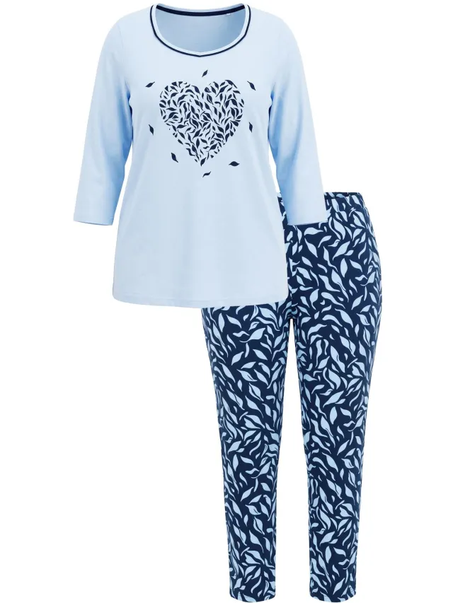 Ulla Popken Dames - Pyjama hartjes carréhals 3/4-mouwen - Ijsblauw - Maat 50+