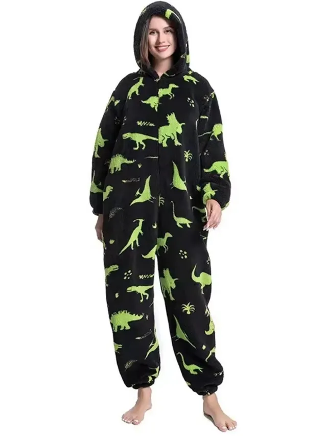 rimmo Unisex Verdikte Cartoon Dier Onesie Pyjama met Capuchon Maat L – Warme Katoen Fluwelen Huispak voor Mannen en Vrouwen | Winter Nachtkleding voor Koppels | Onesie Dierpak, Warme Pyjama zwart