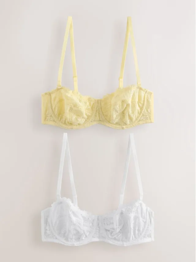 Next Dames - Set van 2 verstelbare strapless beha's met kant en zonder vulling - Geel Lemon Yellow/White