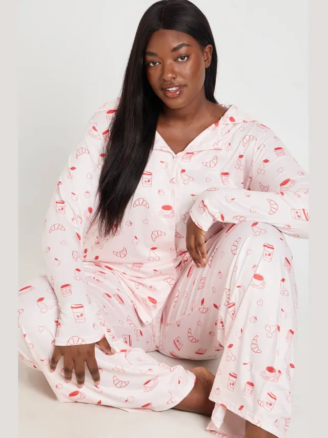 boohoo Dames Plus Croissant En Jam Pyjama Set Met Lange Mouwen En Broek Roze