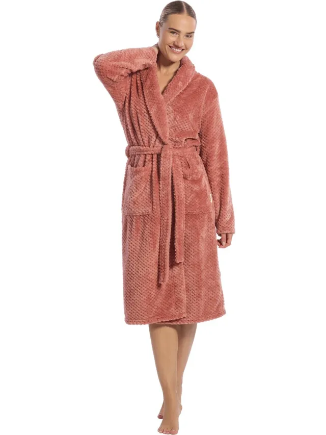 Ten Cate Badjas dames stippenrëlief - Fleece Badjas - Ochtendjas - Oudroze rose dot