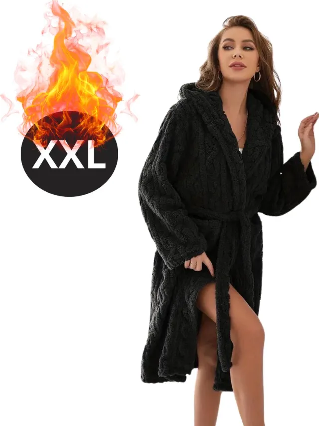 Livano Badjas Dames - Fleece - Katoen - Badstof - Sauna - Hamam - Wafel - Bathrobe - Duster - Ochtendjas - Kimono - Spa - Zwart
