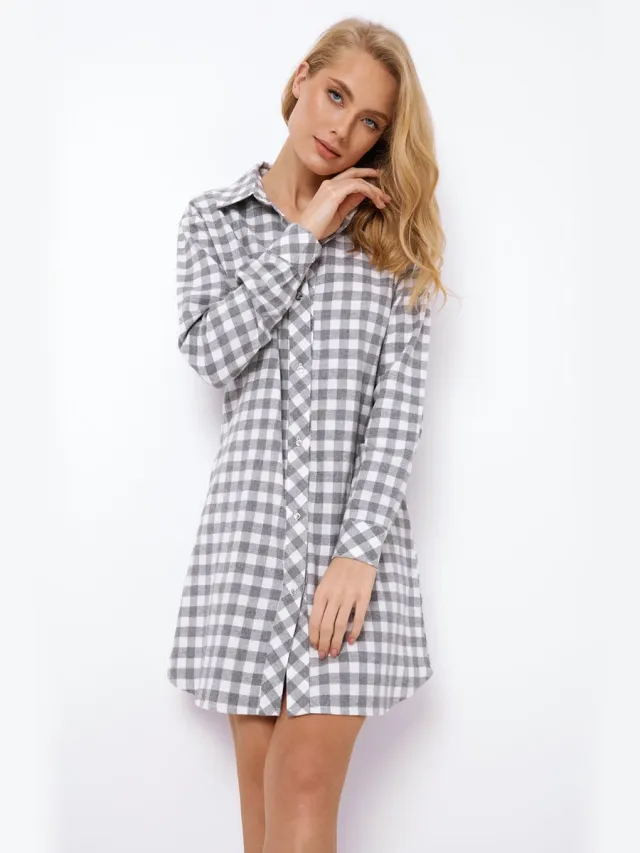 Aruelle Dames nachthemd Stacy-geruit-lange mouw-klassieke kraag-100% katoen-grijs/wit