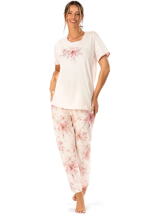 Comtessa Ascafa Dames Pyjama – Deluxe - Korte Mouw – Lange Broek – 100% Katoen - Lichtroze