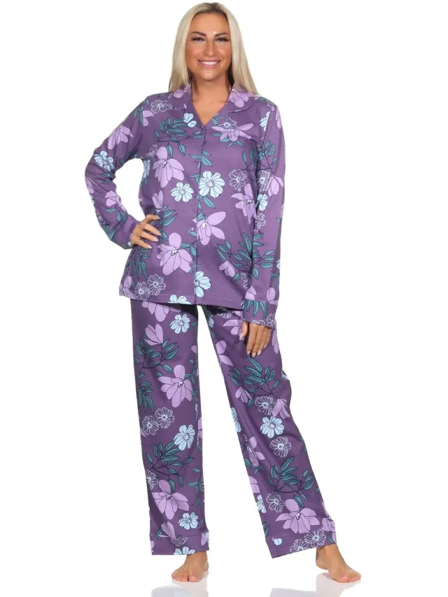 Normann dames pyjama met lange mouwen en knoopsluiting in jersey - ook in oversize beere