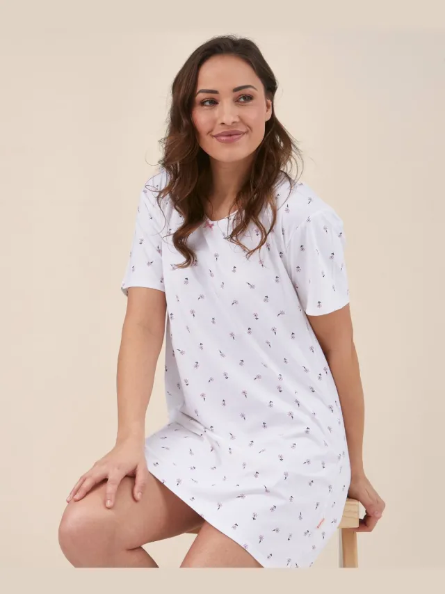 Little Label zomer nachthemd dames - wit bloemetjes-36 - extra zachte bio-katoen
