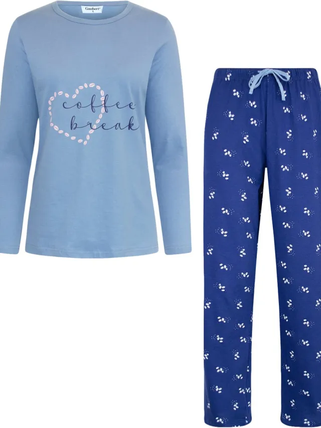 GAUBERT Essential Dames Pyjama Lange Mouw - Broek met Zakken - Premium Gekamd Katoen - Coffee Break - Baby Blauw - GB-2804 Lange Mouw Pyjama, Baby Blauw, Coffee Break