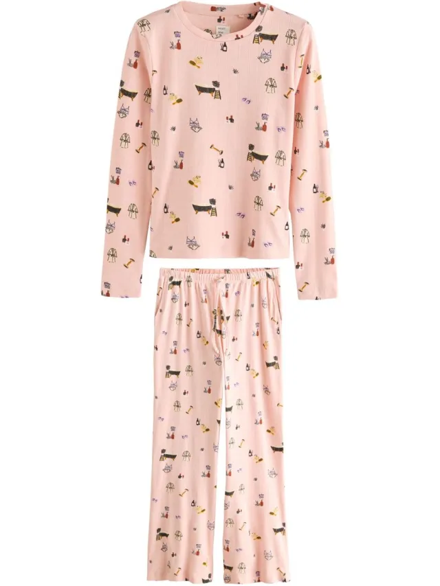 Next Dames - Ajourgebreide pyjama met lange mouwen en uitlopende pijpen - Roze Pink Printed