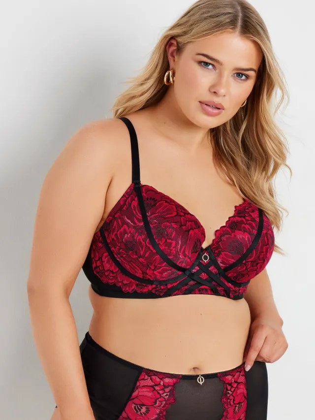 Yours Diepuitgesneden Bh Met Bloemenkant En Bandjesdetail In Zwart/Rood Red