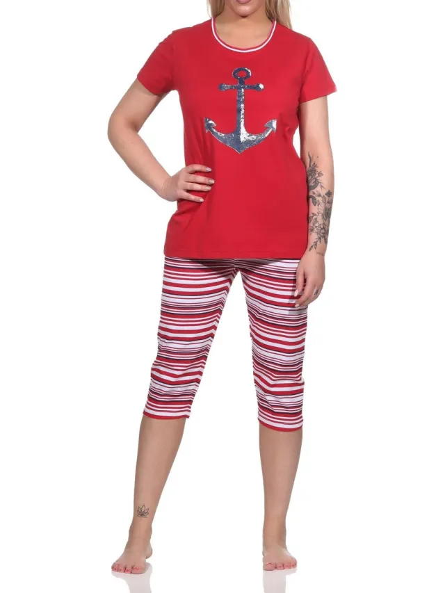 Normann Damespyjama Capri korte mouwen met ankermotief en strepen - 122 204 10 755 rot