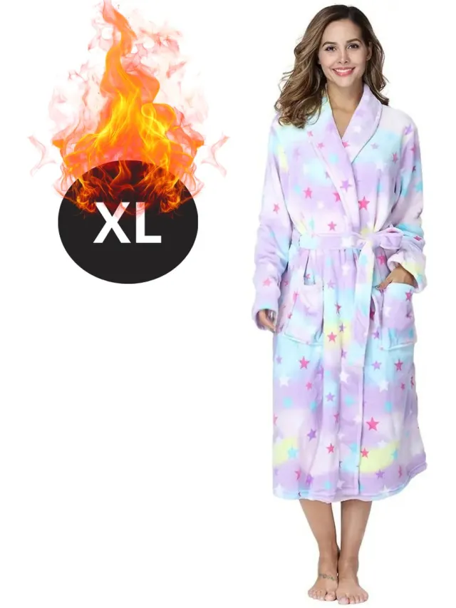 Bovista Badjas Dames - Fleece - Katoen - Badstof - Sauna - Hamam - Wafel - Bathrobe - Duster - Ochtendjas - Spa - Kimono - Sterren Blauw