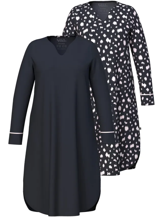 Ulla Popken Dames - Bigshirts set van 2 dalmatiërpatroon hartvormige hals - Zwart - Maat 58+