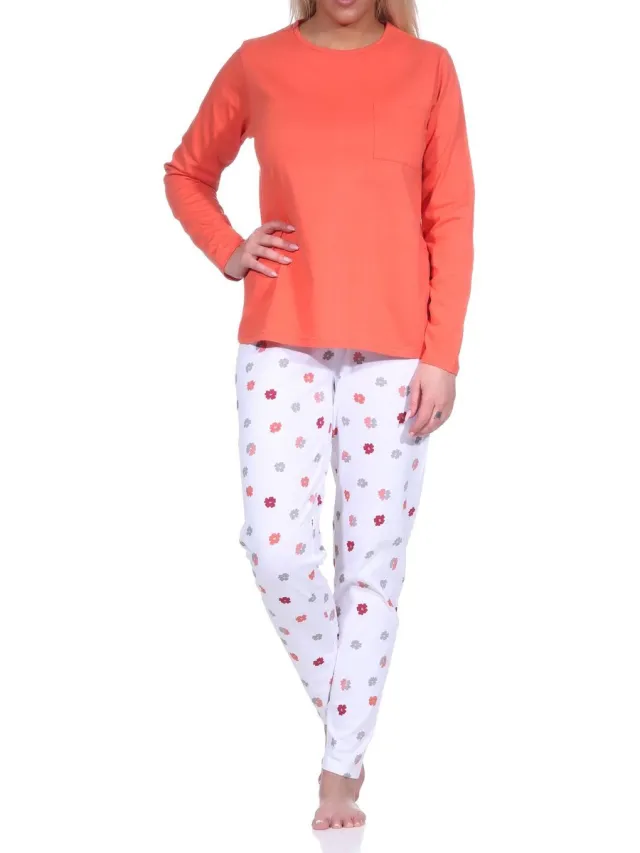 Normann Casual lange damespyjama met een geweldige kleurencombinatie - bloemen/strepen apricot