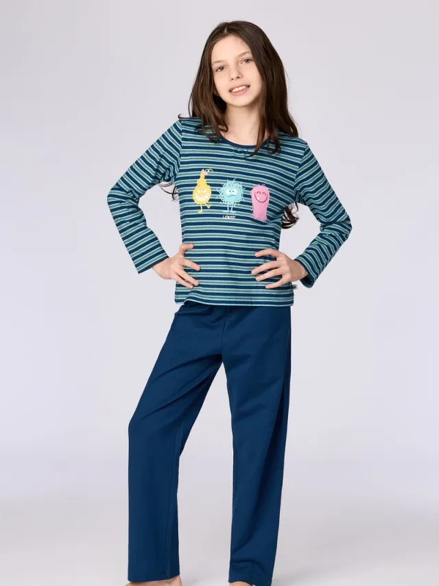Woody pyjama dames - aliens - streep - 262-10-PLG-S/905 Blauw