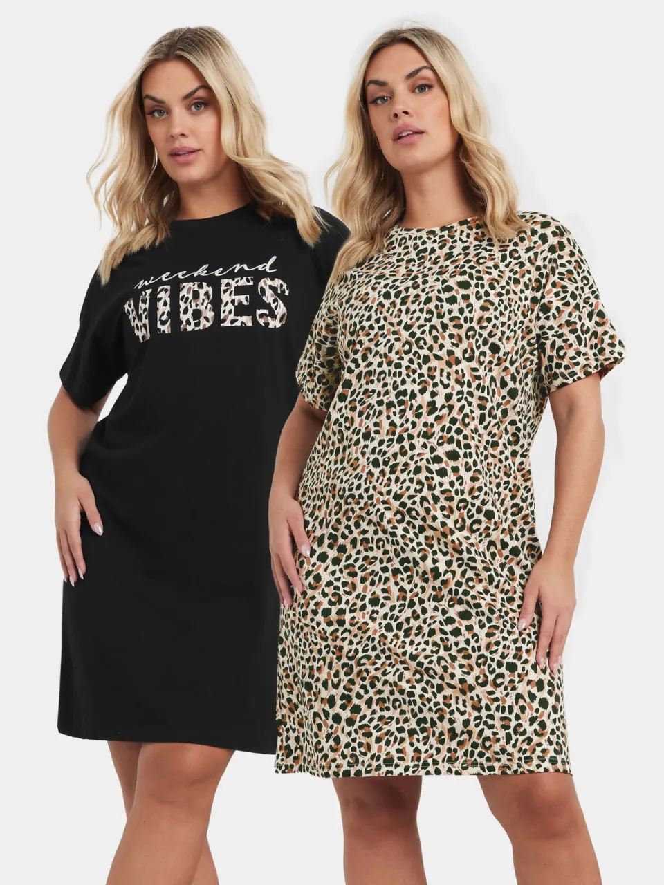 Yours Set Van Twee Paar Nachthemden Met 'Weekend Vibes'slogan En Luipaardprint In Zwart-56 Black